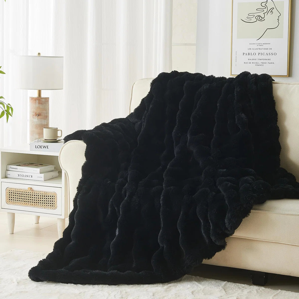 Cozy Warm Luxury Faux Fur Rabbit Throw Blanket, Knitted Soft Thick Furry Cute Plush Reversible Blanket for Sofa, Living Room, Bedroom - Suitable for Winter & Spring & Holiday Gift Ideas