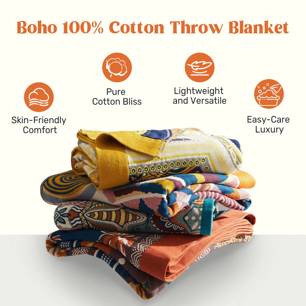 100% Natural Cotton Throw Blanket, Soft Breathable Woven Boho Throw for Couch, Sofa & Bed - Decorative Farmhouse Knit Blanket